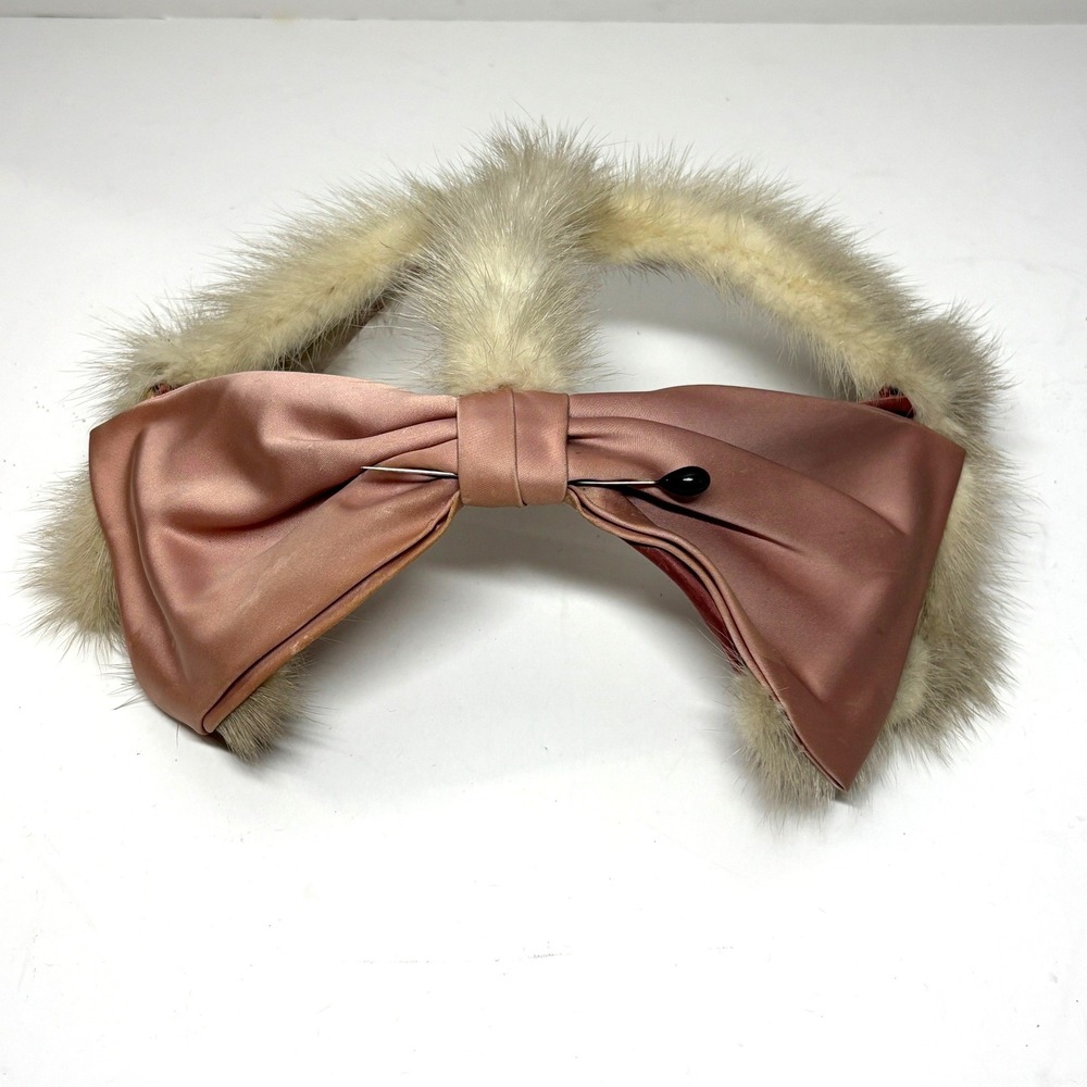 Vintage Mink Fur Satin Bow Fascinator Hat Women OS Pink Cream MCM Glam Hollywood